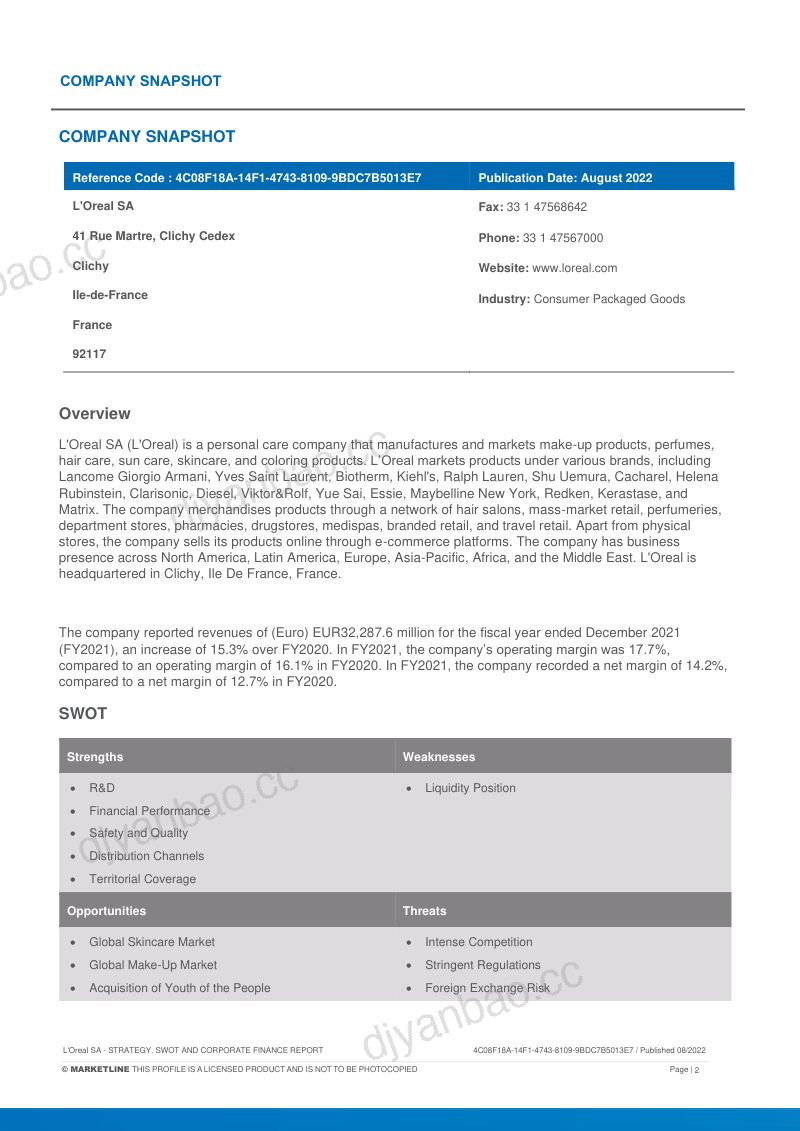 MarketLine：欧莱雅集团发展概况、SWOT与财务状况深度分析报告（英文版）（69页） 第2页