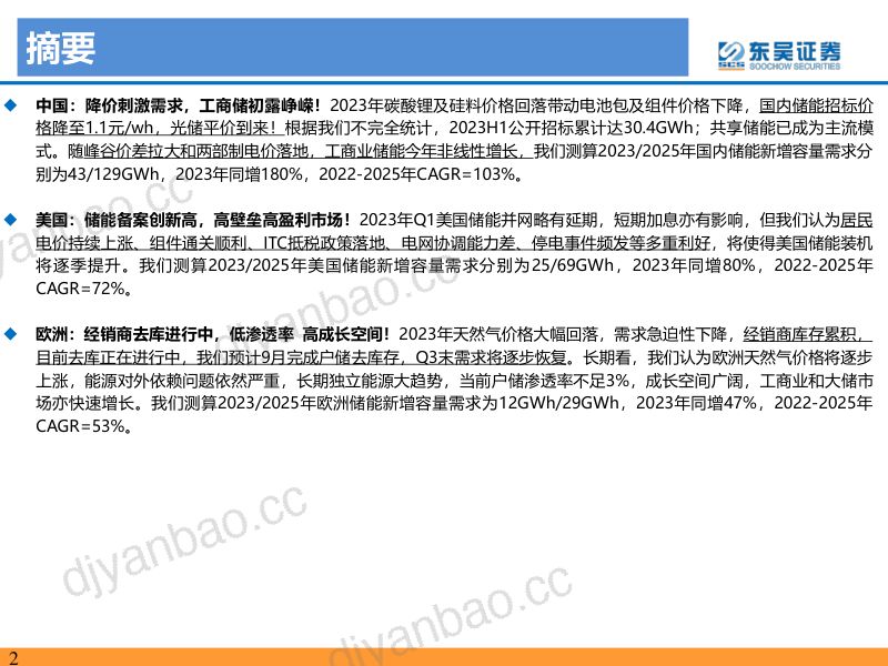 【东吴证券】2023年储能中期策略报告:中美高增,欧洲去库,新兴市场成亮点 第2页