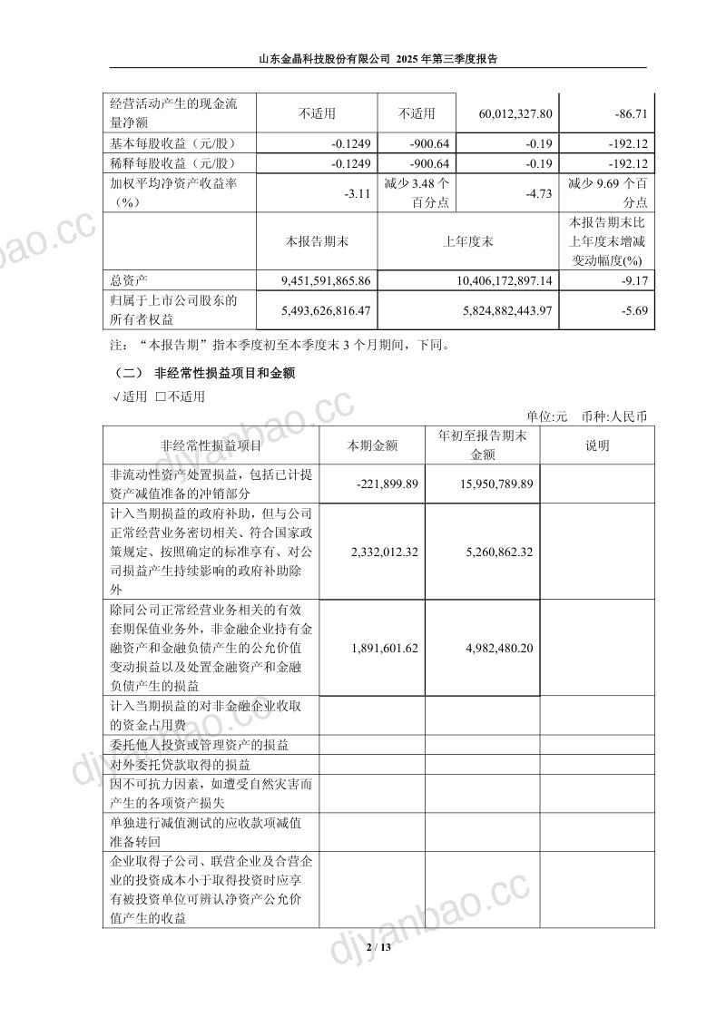 金晶科技：2025年第三季度报告 第2页