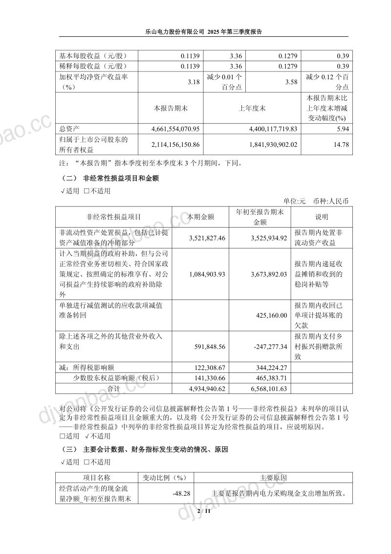 乐山电力：2025年第三季度报告 第2页