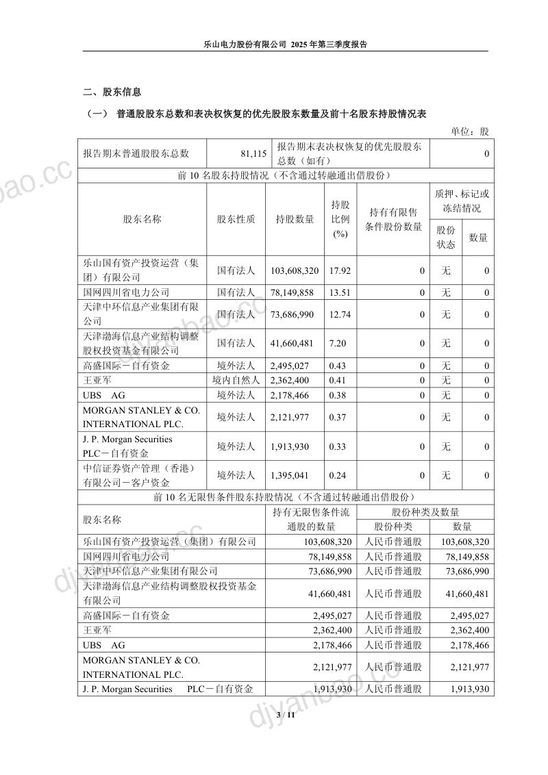 乐山电力：2025年第三季度报告 第3页