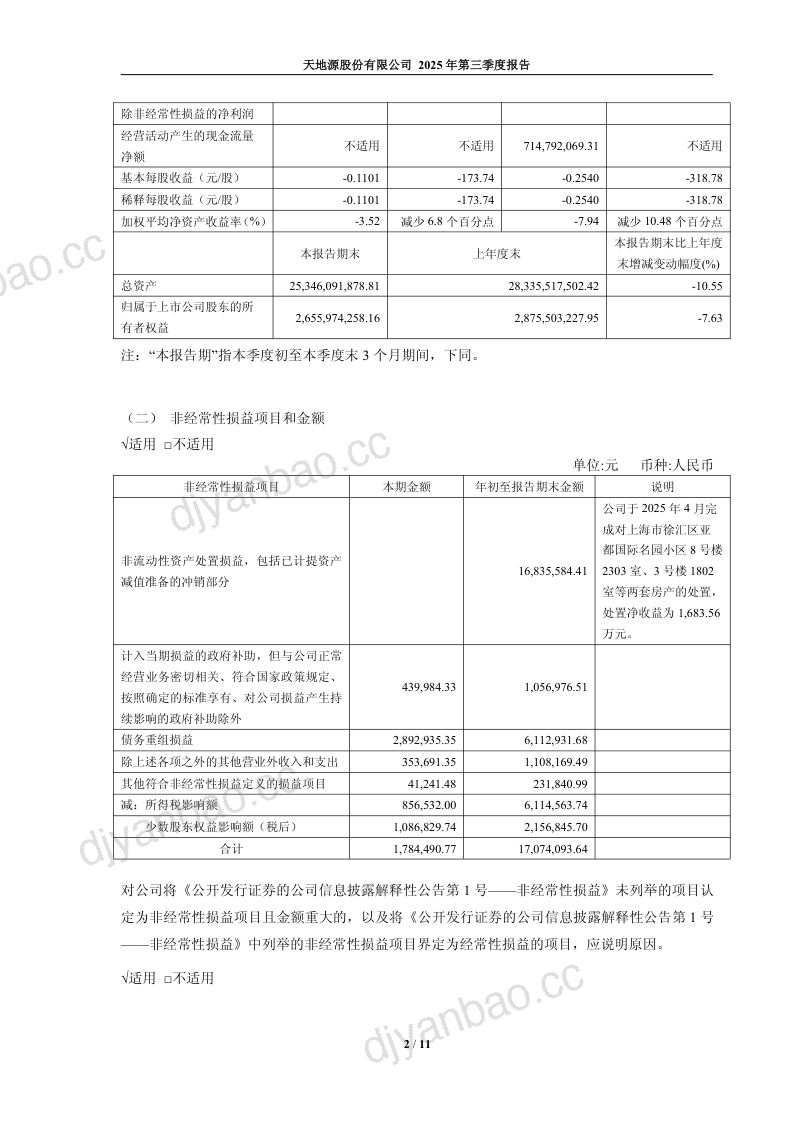 天地源：2025年第三季度报告 第2页