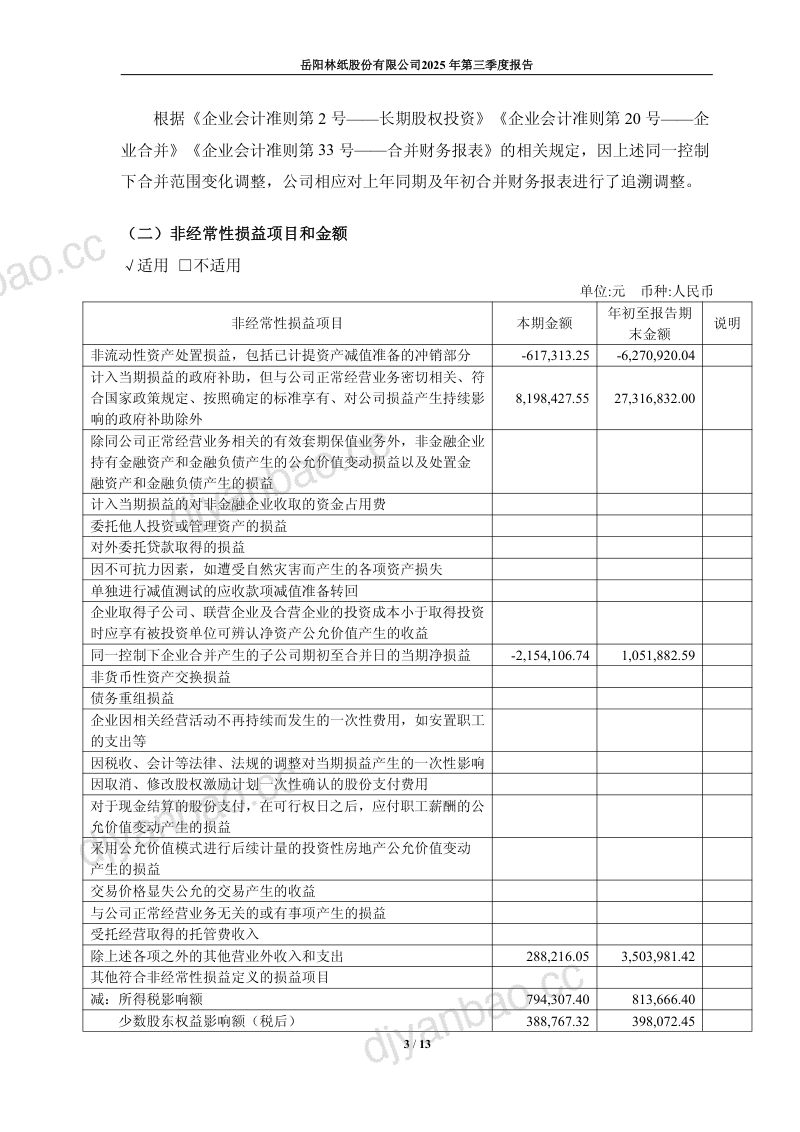 岳阳林纸:2025年第三季度报告 第3页