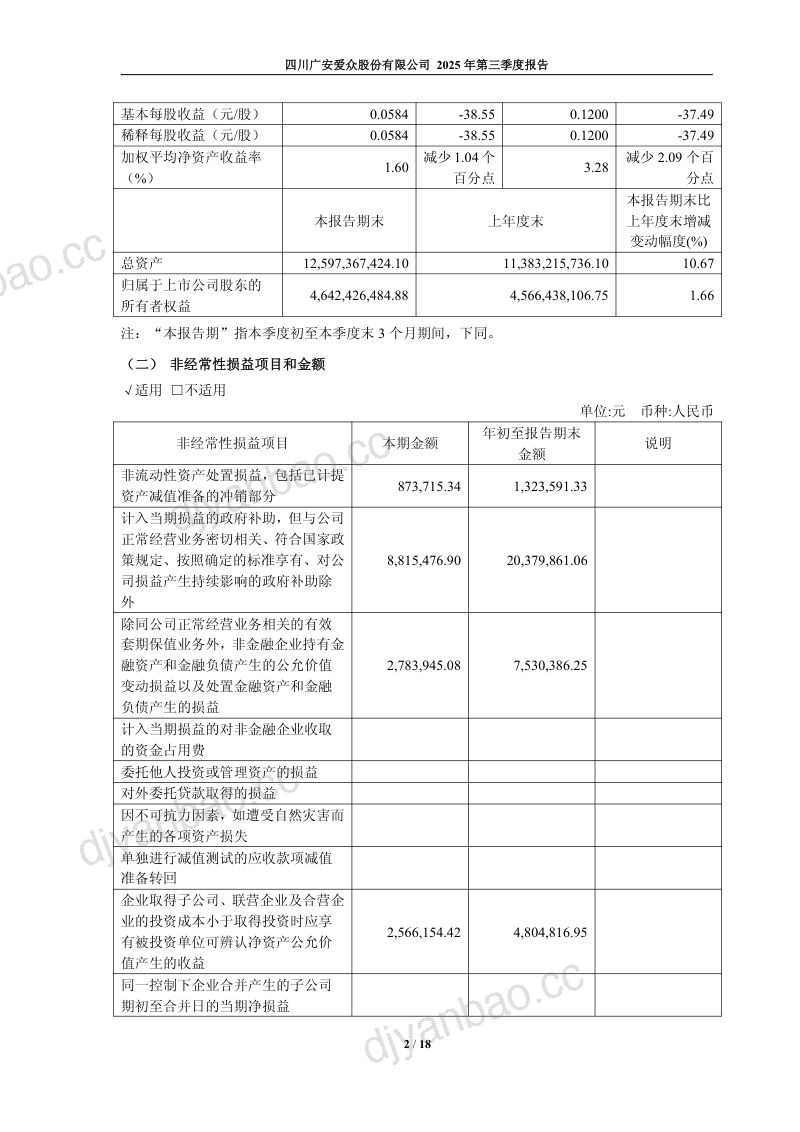 广安爱众：2025年第三季度报告 第2页