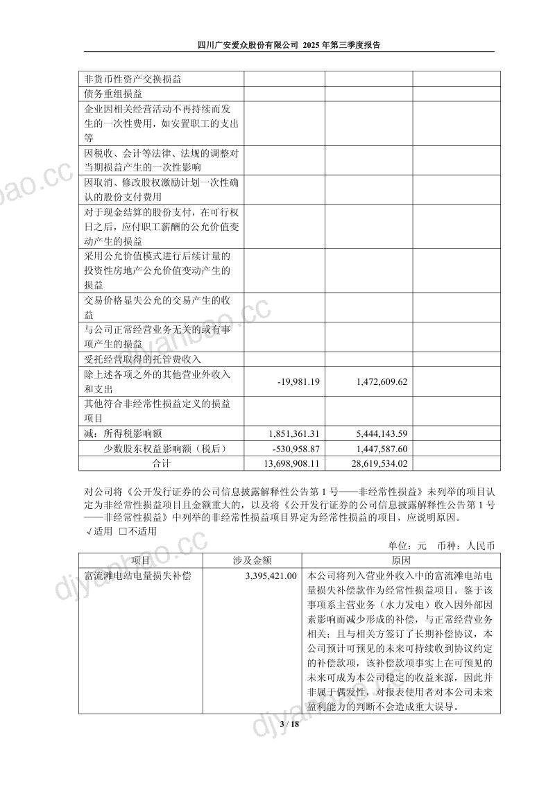 广安爱众：2025年第三季度报告 第3页