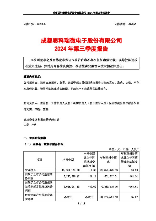 思科瑞:成都思科瑞微电子股份有限公司2024年第三季度报告