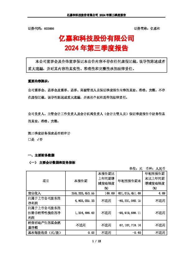 亿嘉和:亿嘉和科技股份有限公司2024年第三季度报告