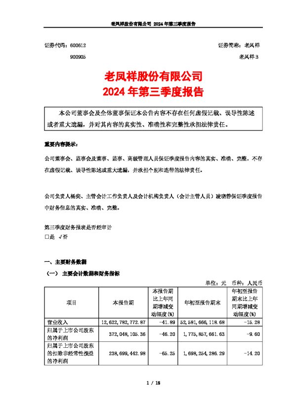 老凤祥:老凤祥股份有限公司2024年第三季度报告(更正后)