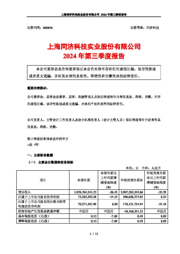 同济科技:2024年第三季度报告