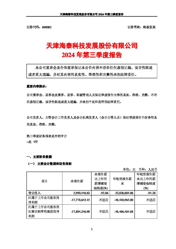 海泰发展:天津海泰科技发展股份有限公司2024年第三季度报告