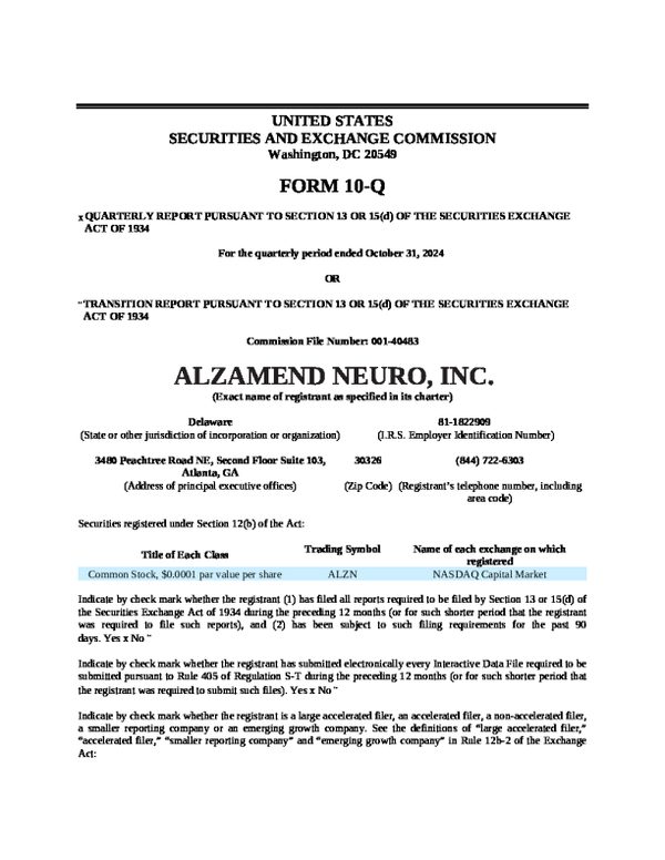 Alzamend Neuro Inc 2024 年年度报告