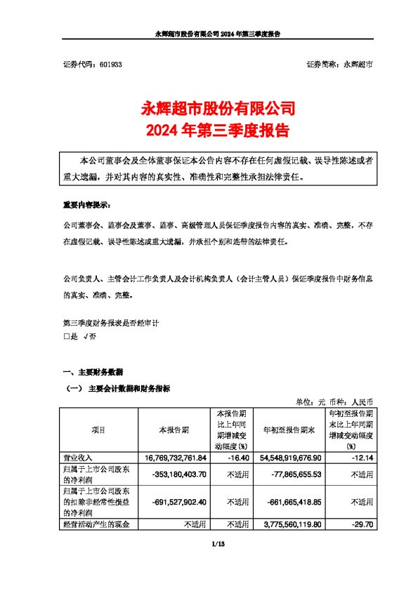 永辉超市:永辉超市股份有限公司2024年第三季度报告