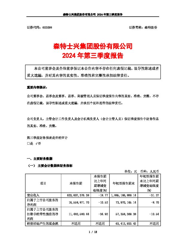 森特股份:森特股份2024年第三季度报告