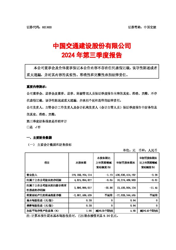 中国交建:中国交建2024年第三季度报告