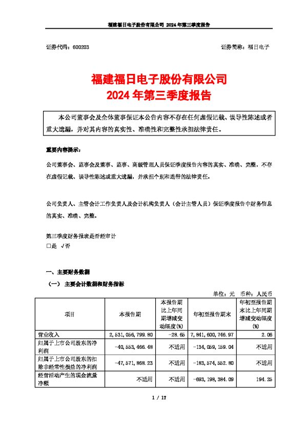 福日电子：福建福日电子股份有限公司2024年第三季度报告
