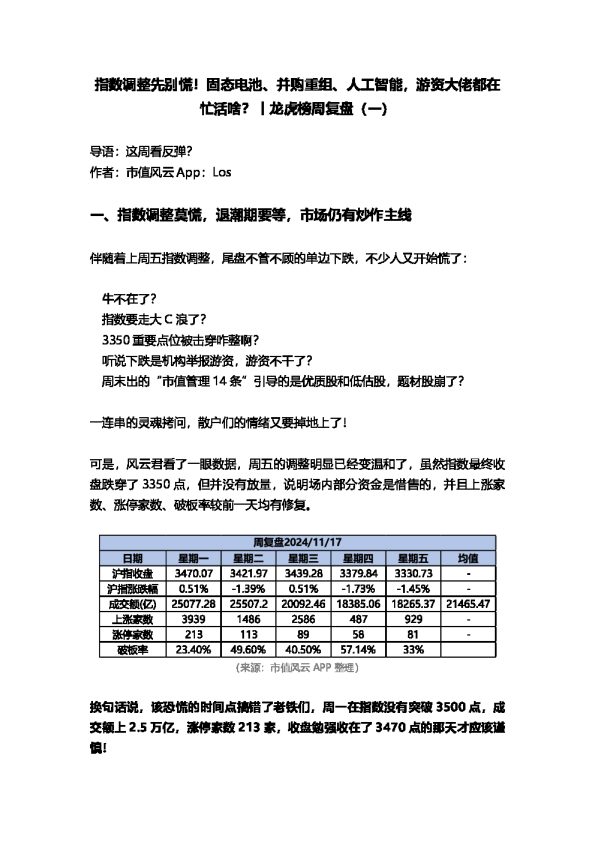 龙虎榜周复盘(一):指数调整先别慌!固态电池、并购重组、人工智能,游资大佬都在忙活啥?