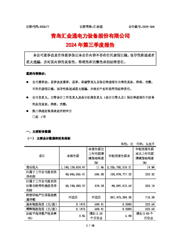 汇金通:汇金通2024年第三季度报告