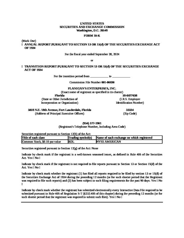 Flanigan 's Enterprises Inc 2023 年度报告