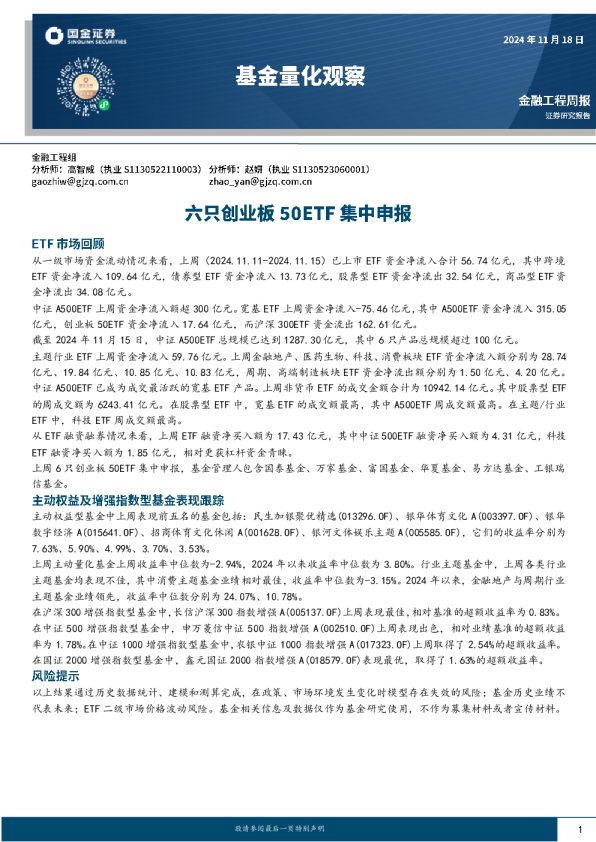 基金量化观察:六只创业板50ETF集中申报