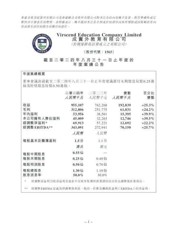 成实外教育：截至二零二四年八月三十一日止年度的年度业绩公告