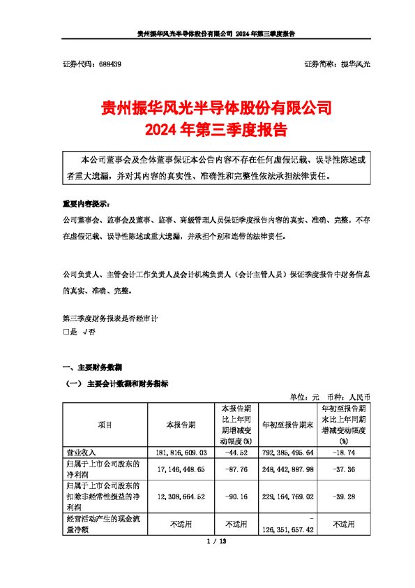 振华风光：贵州振华风光半导体股份有限公司2024年第三季度报告