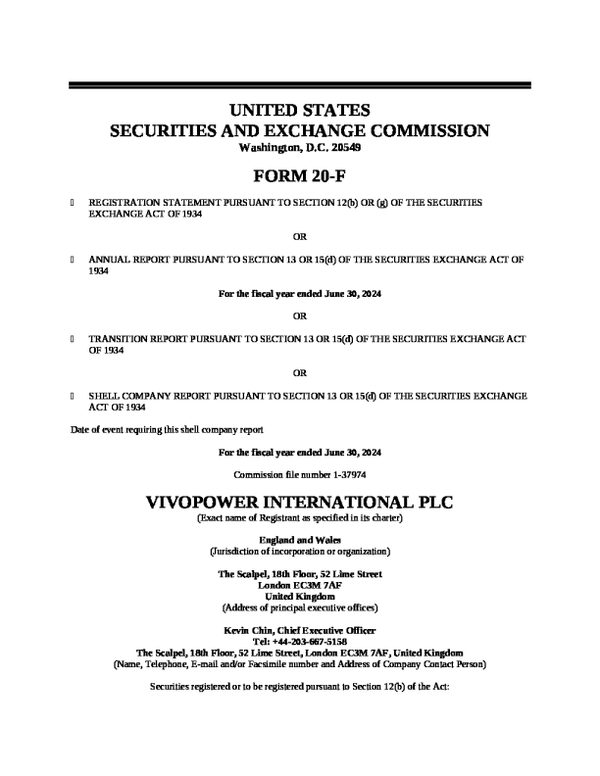 VivoPower International PLC 2024年年度报告和过渡报告