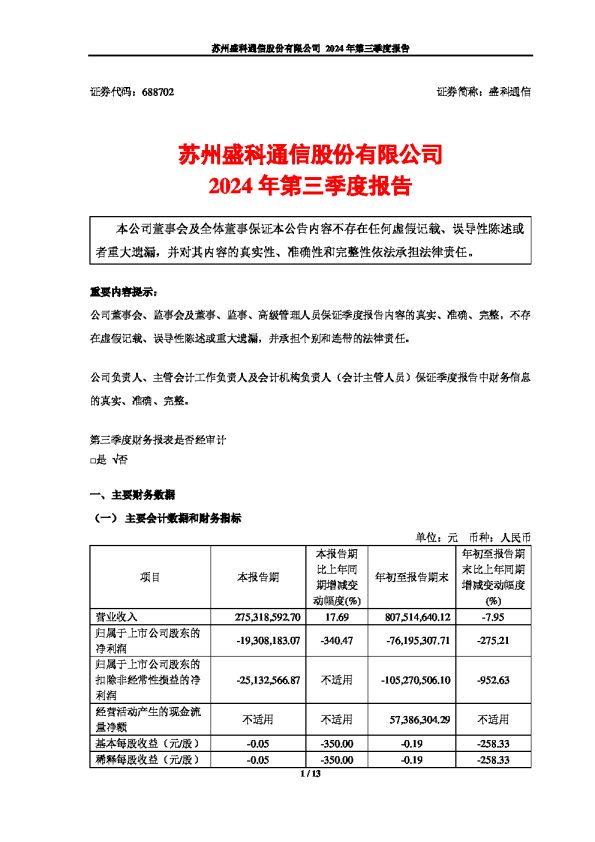 盛科通信:盛科通信2024年第三季度报告