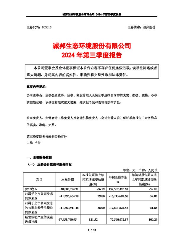 诚邦股份:诚邦生态环境股份有限公司2024年第三季度报告