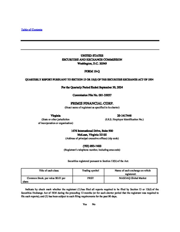 Primis Financial Corp 2024年季度报告