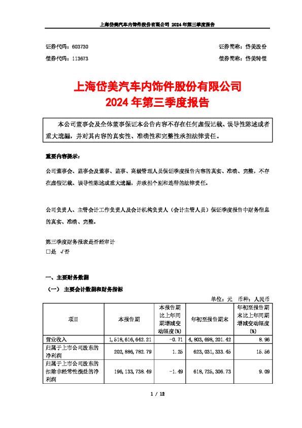 岱美股份:上海岱美汽车内饰件股份有限公司2024年第三季度报告