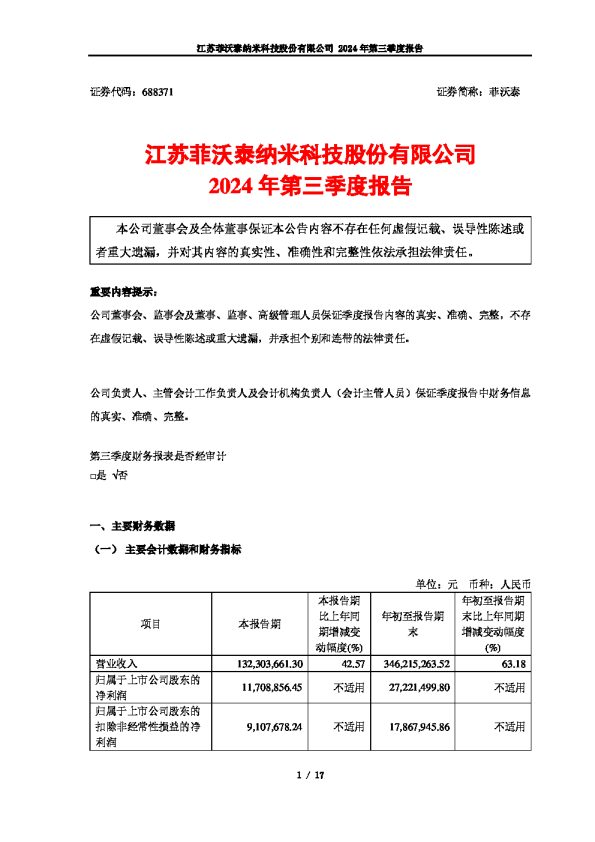 菲沃泰:江苏菲沃泰纳米科技股份有限公司2024年第三季度报告