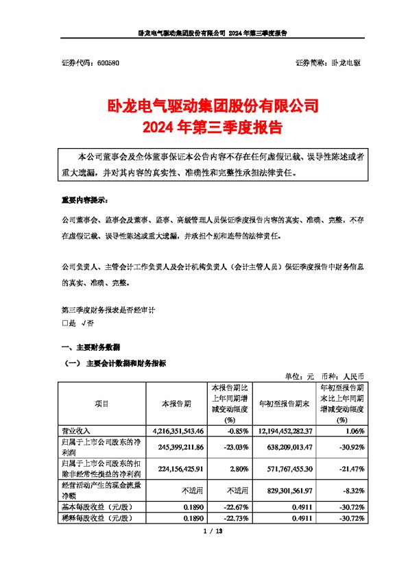 卧龙电驱:卧龙电驱2024年第三季度报告