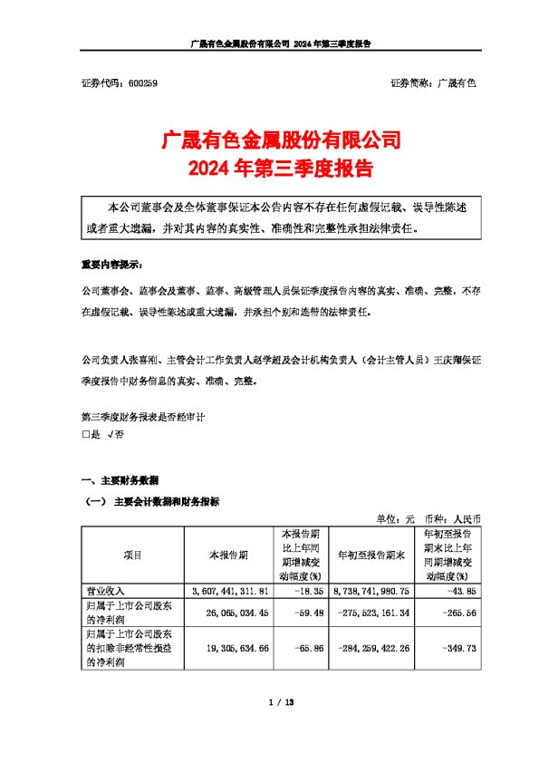 广晟有色:广晟有色金属股份有限公司2024年第三季度报告