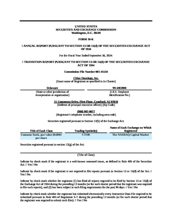 Citius Oncology Inc 2023 年度报告