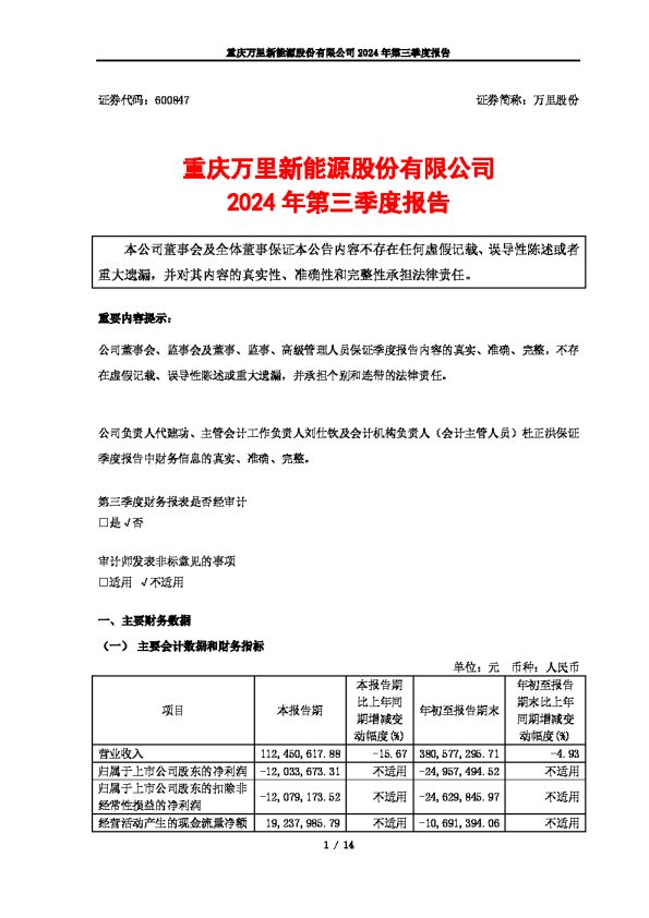 万里股份:万里股份2024年第三季度报告