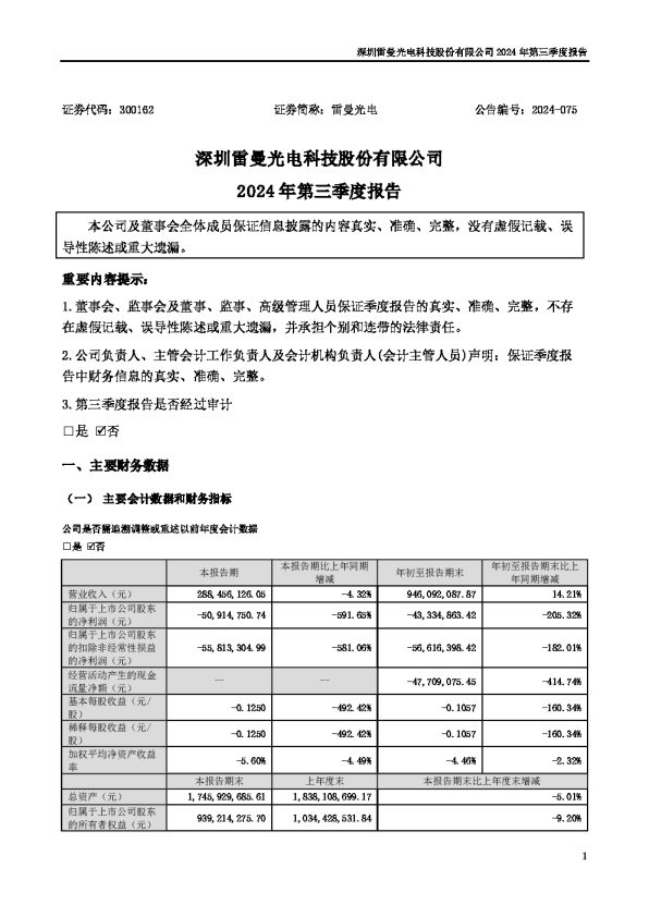 雷曼光电:2024年三季度报告