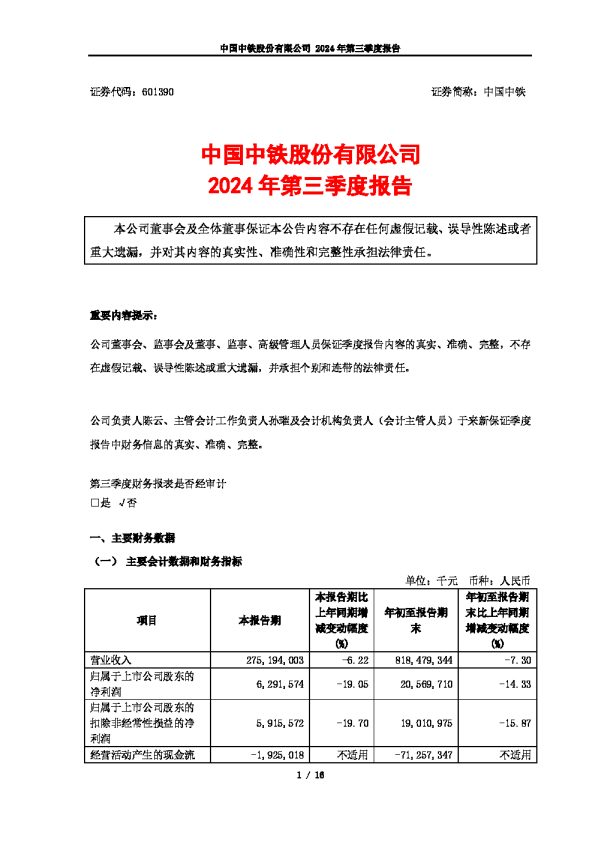 中国中铁:中国中铁2024年第三季度报告