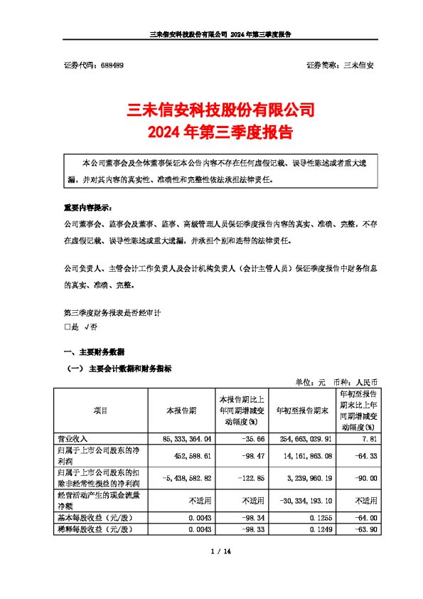 三未信安:2024年第三季度报告