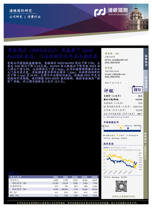 高基数下3Q24RevPAR承压,门店结构优化布局长期改善