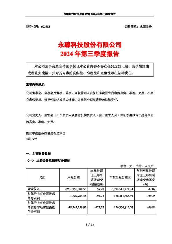 永臻股份:2024年第三季度报告