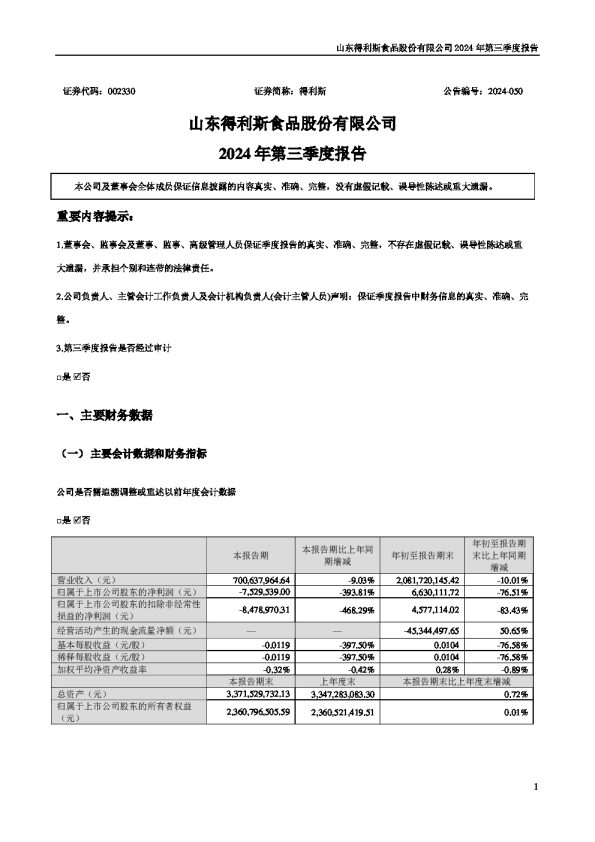 得利斯:2024年三季度报告
