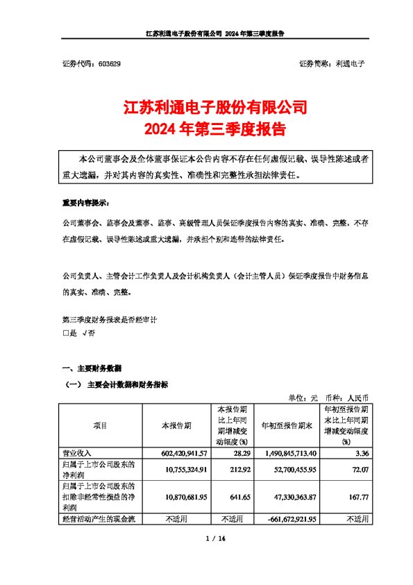 利通电子:603629:利通电子2024年第三季度报告