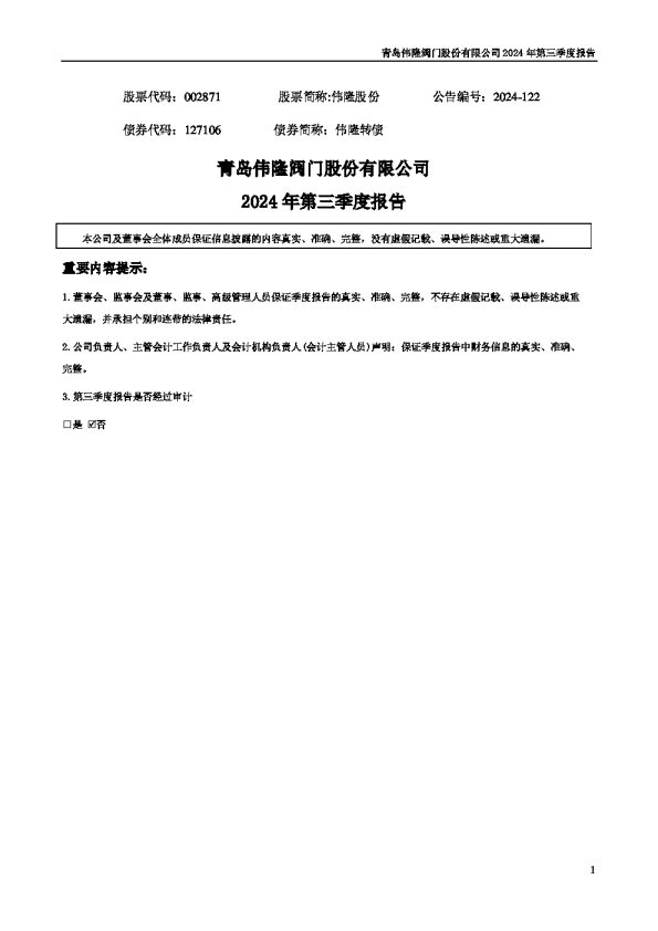 伟隆股份:2024年三季度报告