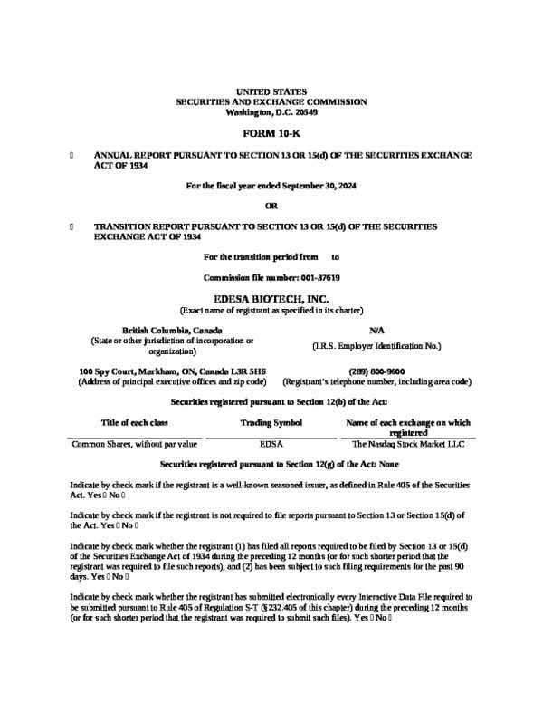 Edesa Biotech Inc 2023年度报告