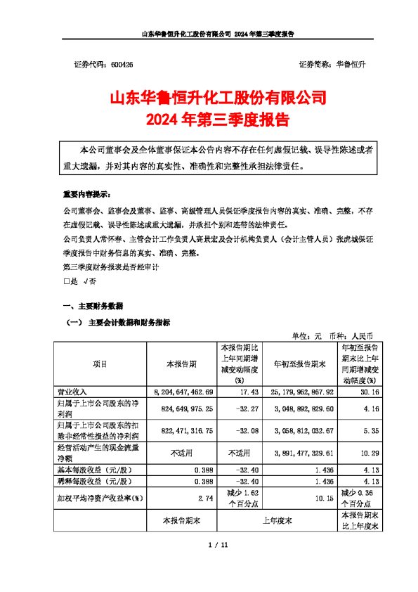 华鲁恒升:华鲁恒升2024年三季度报告