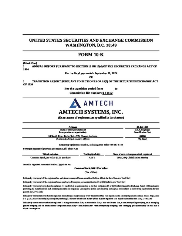 Amtech Systems Inc 2023 年度报告
