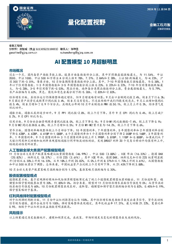 量化配置视野：AI配置模型10月超额明显