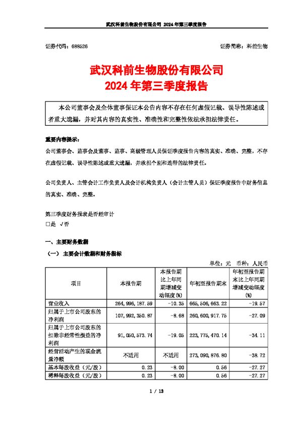 科前生物:武汉科前生物股份有限公司2024年第三季度报告
