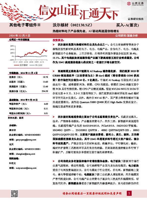 热缩材料电子产品领先者，AI驱动高速通信线增长