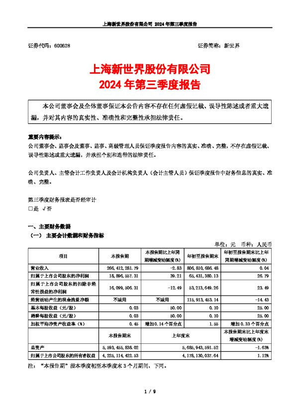 新世界:新世界2024年第三季度报告